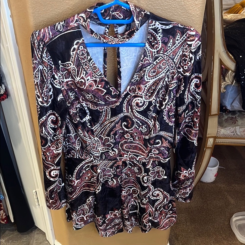 Paisley Dark Purple and Burnt Orange Velvet Long Sleeve Romper NWT